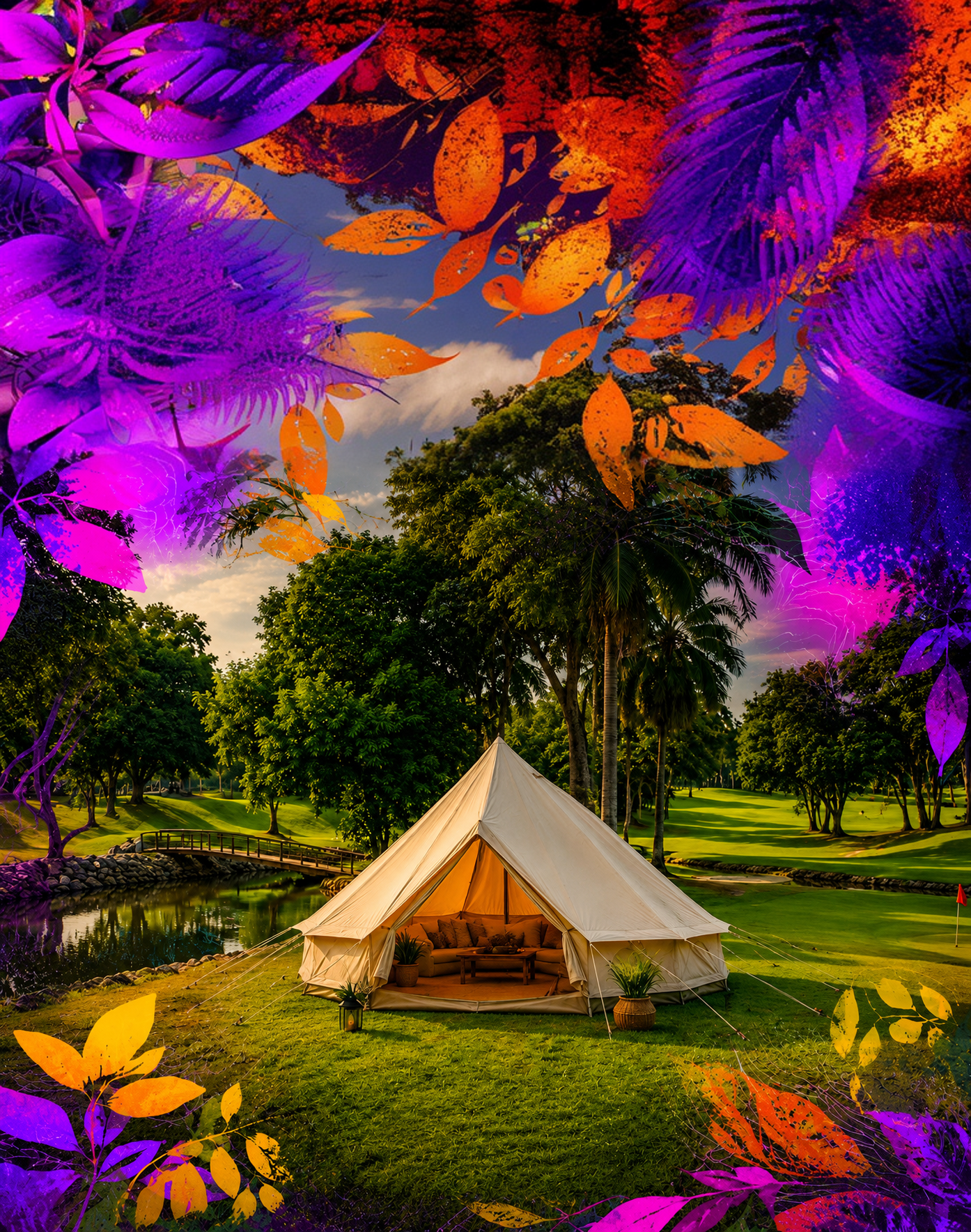 A glamping tent by a lake at Vibescape, framed by vivid foliage